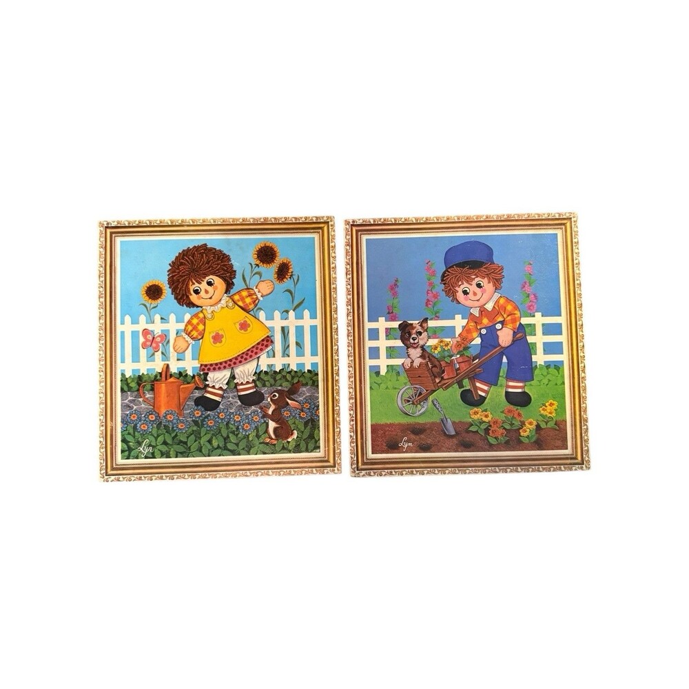 Vintage Lyn Raggedy Ann‎ and Andy Gardening Wall Hanging Plaques, Set of 2